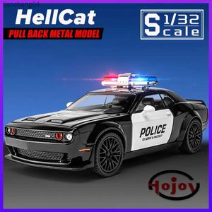 Carros modelo fundido, carros de metal, escala 1/32, Dodge HellCat Police, modelo de carro em liga fundida para meninos, crianças, veículos de brinquedo, som e luz
