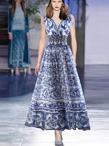 Runway Fashion Women Sicilian Dress Summer V Neck Blue White Porcelian Print Elegant Midje Elastic Long Party Vestidos