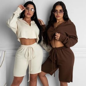 2 Pcs Women Solid Color Outfits Adults Casual Style Long Sleeve Stand Collar Crop Top Shorts with Drawstring Trouser Clothes 240219