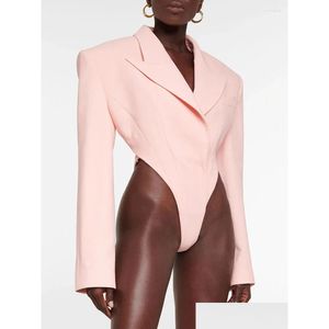 Women'S Suits Blazers Womens Designer Backless Hollow Out Pink Blazer Bodysuit 2023 Spring Women Vintage Shoder Padding High Waist Dhpey