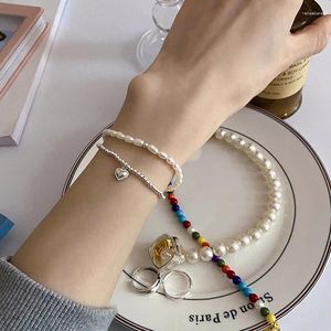 Länk armband sydkorea japan stil dubbel lager pärlpärlor älskar hjärthänge armband för kvinnor trend mode smycken tillbehör