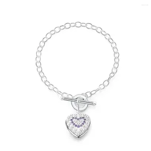 Länkarmband 925 Sterling Silver Love Purple Crystal Heart Pendant Armband For Woman Wedding Engagement Fashion Charm Party Jewelry