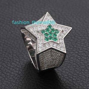 Iced Out Vermeil Moissanite Anel Bling 925 Prata Verde VVS Diamantes Cinco Estrelas Anéis Hip Hop Jóias para Mulheres Homens Rapper