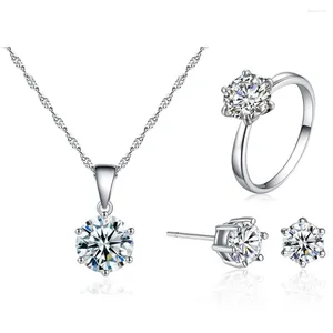 Necklace Earrings Set Simple 6 Zircon Classic For Women Silver Color 3 PCS Ring Fashion Jewelry KCS245