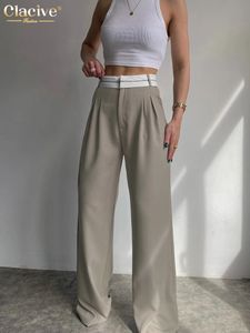 CLACIVE Elegant Loose Grey Office Women Pants Fashion High midja raka byxor Casual Chic skarvad full längd kvinnliga byxor 240219