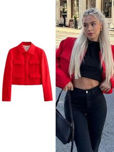 Women's Jackets Red Lapel Pocket Short Shirt Jacket Women Double Pockets Cropped Wool 2024 Autumn Winter Long Sleeve Single-breasted Top