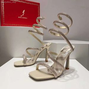 Rene Caovilla High Heel Sandals 10.5cmの厚さのかかと包まれた足首ストラップファッション高級デザイナードレスシューズウォーターダイヤモンド装飾女性ウェディングシューズ