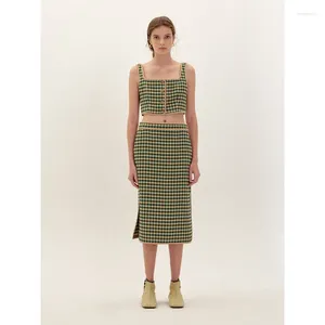 Skirts Plaid A-Line Midi Skirt Spring Summer 2024 Casual Work Green Checkered High Quality Women's Luxury Designer Brand