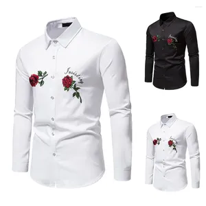 Herrklänningskjortor 2024 Retro blommig skjorta Mens lyxiga ros broderi formella toppar långärmade män bröllop groomsmen streetwear hawaiian