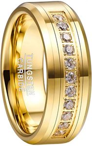 Nuncad Mens 8mm volfram Carbide Ring Wedding Band med runda kubiska zirkoniumguldpläterade CZ-förlovningsring Storlek 7-12 240220