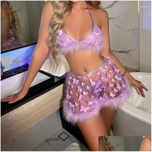 Yoga Kıyafet Kadın Kelebek See-Through İç çamaşırı örtüsü pettiskirt seksi külotlar Set Set Kadınlar Damla Teslimat Sporları Dışarıda Fitness Dhmaw