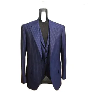 Ternos masculinos listrados blazer define vestido elegante azul marinho casamento para homens 3 peças roupas slim fit custome smoking homme noivo wear