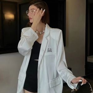 New design women's turn down collar logo letter embroidery loose satin fabric blazer suit SMLXL