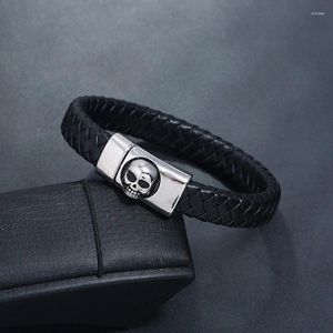 Charm Bracelets Quality Stainless Steel Leather Weave Bracelet For Men Retro Titanium Hasp Skull Fashion Wrist Jewelry Bangles
