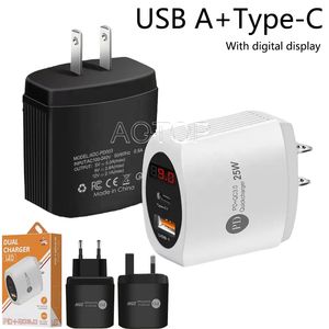 Usb + tipo-c multi porta display digital led adaptadores de parede 25w telefone carregador portátil ue/eua/reino unido adaptado para iphone samsung telefone inteligente