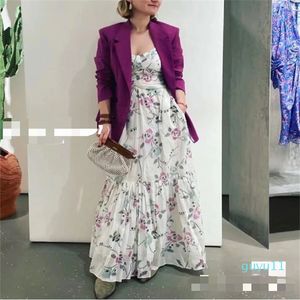 Marca de moda europeia Vestido longo deslizante com estampa floral de algodão branco