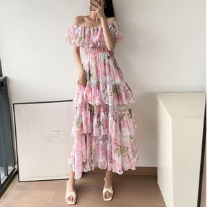 Vestido feminino de algodão rosa com estampa floral ombro de fora vestido longo com franjas