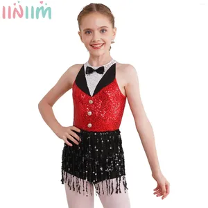 Scene Wear Kids Girls paljett Latin Jazz Dance Dress Leotard ärmlös bakhål Jumpsuit Figur Skating Dancing Performance Costume