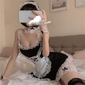 Bras setleri lolita kostüm rolü oyun seksi iç çamaşırı seti porno babydoll mini elbise yay dantel seks iç çamaşırı Japon sevimli hizmetçi cosplay üniforma