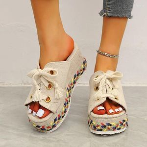 Slippers High-Heeled Shoes Lady Ladies' On A Wedge Slipers Women Multicolored Sandals Big Size 2024 Summer Lace-Up Slides Rome P