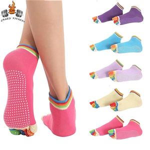6 Pairs Yoga Socks Non-Slip Pilates Socks Colorful Comfortable Cotton Full Toe Grip Five Finger Socks for Ballet Dance Lover 240220