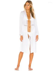 Roupa de banho feminina elegante branco chiffon renda manga comprida arco cardigan maiô cover ups praia sarong robe de plage túnica # q947