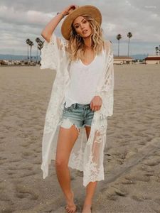 Kvinnors badkläder White Lace broderad Cardigan Kimono Tunics Beach Cover Up Swim Suit Dress Wear #Q649