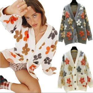 spring and autumn fashion new women's knitted long-sleeved v-neck sweater cardigan jacket women loose western style Jacquard flower single breasted sweater jacket