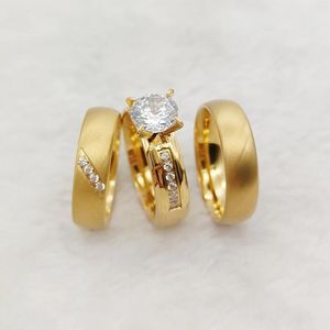 Anéis de cluster dele e dela 24k banhado a ouro dubai casais jóias de casamento mulheres senhoras 3pcs conjuntos de noiva de aço inoxidável masculino