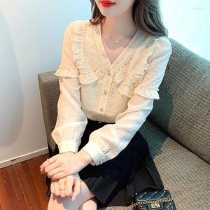 Kvinnors blusar Lace Blue Fashion 2024 Autumn Elegant and Youth Woman Blusas Para Mujer Long Sleeve V-Neck Women Tops