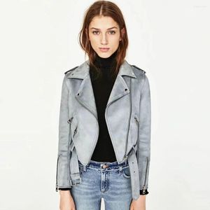 Women's Leather PU Blue Motorcycle Jacket Female Short Oversized Faux Women Moto Biker Suede Vintage Long Sleeve Coat XL