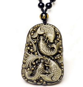 Beautiful hand made Natural gold obsidian carved handmade cute fish lucky pendant necklace beads necklaces2021076