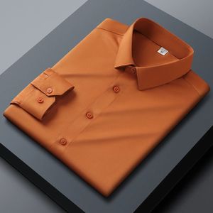 Mens Elastyczna gładka koszula z długim rękawem bez kieszeni wygodne standardfit zmarszczki za darmo Smart Casual Shirts 240219