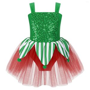 Girl Dresses Kids Girls Candy Cane Christmas Costume Xmas Elf Party Cosplay Dress Sequin Randig Figur Skating Ballet Dance Leotard Tutu