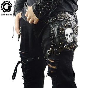 Gothic Steampunk Skull 2019 Women Messenger Leather Rivet Midjeväskor Fashion Retro Rock Motorcykelben Bag för män T200113317N