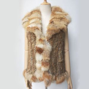 Gilet di pelliccia di coniglio reale lavorato a maglia invernale da donna in pelliccia con collo di pelliccia di volpe Cappotto senza maniche caldo casual Outwear Gilet di pelliccia genuina femminile