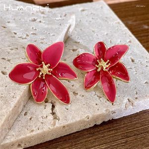 Stud Earrings HUANZHI Oil Painting Drop Glaze Rose Pink Flower For Women Girls French Sweet Style Fashion Vintage Party Jewelry