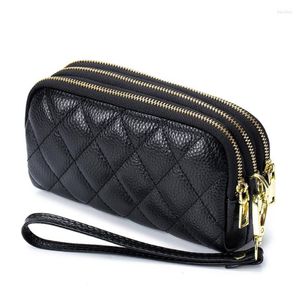 Wallets Women Long Wallet Genuine Leather 3-layer Zipper Purse Bag Large Capacity Wristlet Clutch Phone Solid Color Money Clip280Y