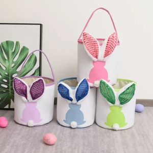 LED Flashing Light Sequin Bunny Easter Basket Handbag Bags Rabbit Egg Basket Hunt Bags Canvas Cotton Bucket Tote With Fluffy Tail For Kids Party Decorations FY8648