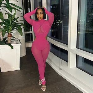 Women's Jumpsuits Rompers Womens sexy diamond mesh patch work clothes hollow turtle neck gloves long sleeved party club one piece set of street clothing J240224