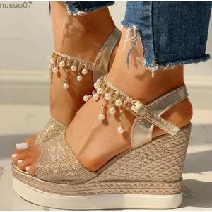 Sandals 2024 New Women Wedge Sandals Summer Bead Studded Detail Platform Sandals Buckle Strap Peep Toe Thick Bottom Casual Shoes LadiesL2402