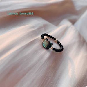 Handmade Healing Black Cat Elasticity Stone Ring 14k Gold Natural Crystal Round Bead Ring