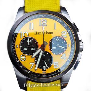 Herrenuhr, 44 mm, Saphirglas, gelbes Zifferblatt, Armbanduhren, Chronograph, Licht im Dunkeln, Quarz-VK-Uhrwerk, gewebtes Lederarmband