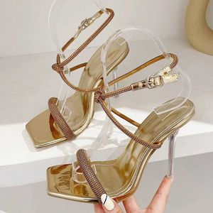 Sandals Liyke Fashion Gold and Silver Rhinestone Womens Sandals Summer Party Wedding Shoes Open Lace Buckle Transparent High Heels J240224