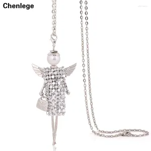Pendant Necklaces Handmade Sweater CZ Chain Long Necklace Angel Wings Full Rhineston Doll Jewelry Women Chokers Crystal Girl