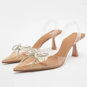 Dress Shoes Women Butterfly Transparent Pearl High Heels Lady Clear Pumps Bow Slingback Wedding Fashion WomanOffice Stiletto