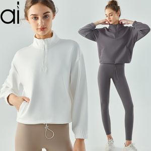 Al Yoga Sweatshirts Mock Boyun 1/4 Zip Kırpılmış Ceket Kadınlar Laidback Street Giyim Hava Katmanı Spor Ceket Drawstring Kem Jogger Ceketler Fitness Uzun Kollu Sweattops