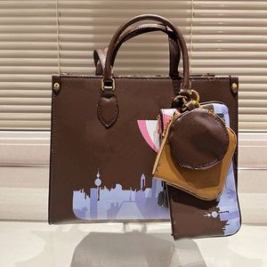 Borsa per la spesa di grande capacità Borsa tote in pelle di vacchetta Borsa con pochette di design Stampa di lettere Tasca interna con cerniera Vera pelle di alta qualità con portafoglio a tre set