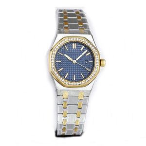 Relógio feminino luxo moda 34mm diamante montado defletor dourado mostrador de aço inoxidável movimento de quartzo fivela de arco