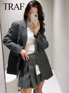 Traf moda vintage feminino chique cinza listrado blazer feminino casual solto outerwear manga longa casaco uma linha saia define 240219